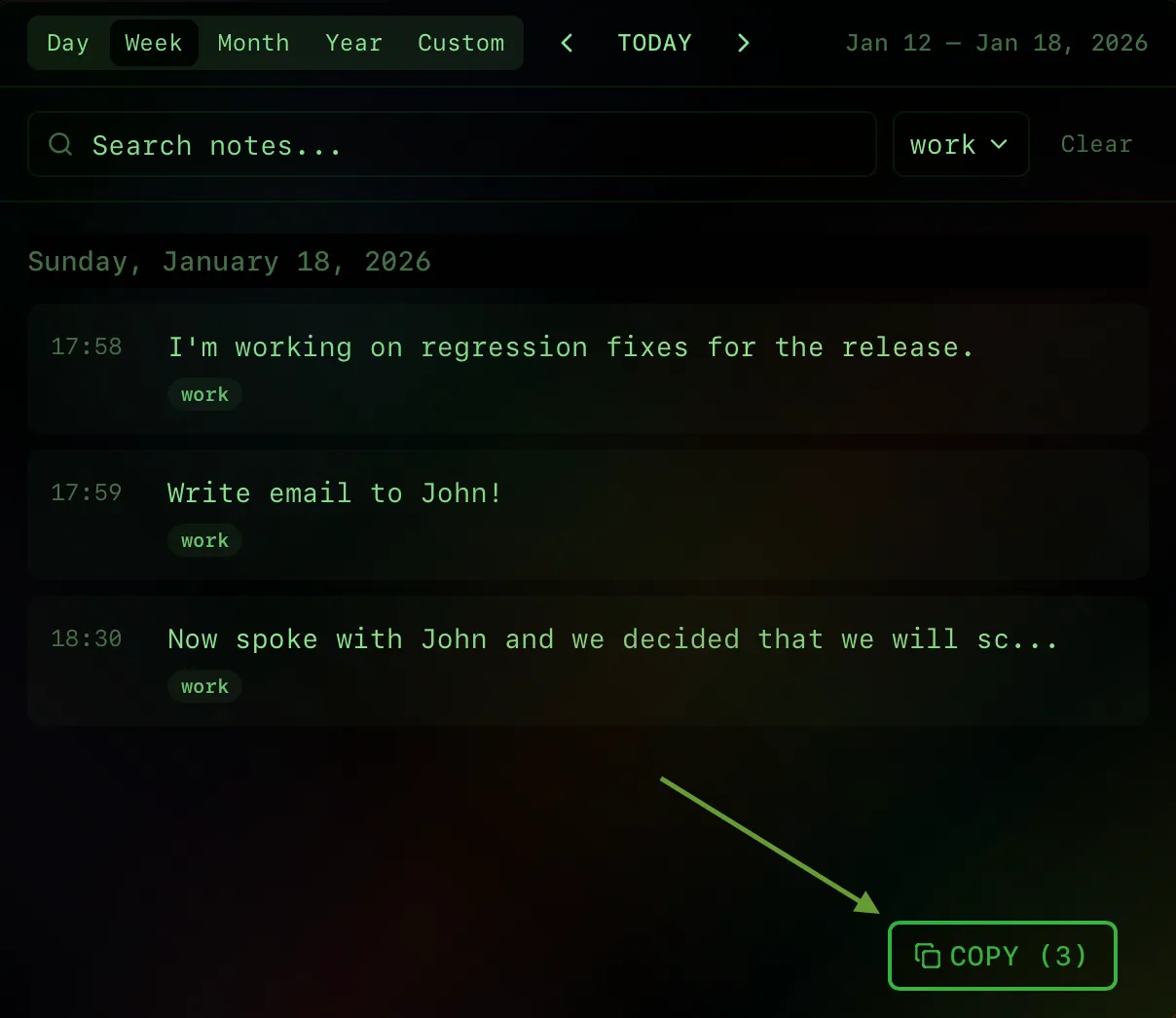 Copy filtered notes button