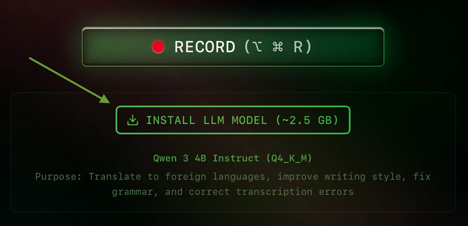 Download LLM model button