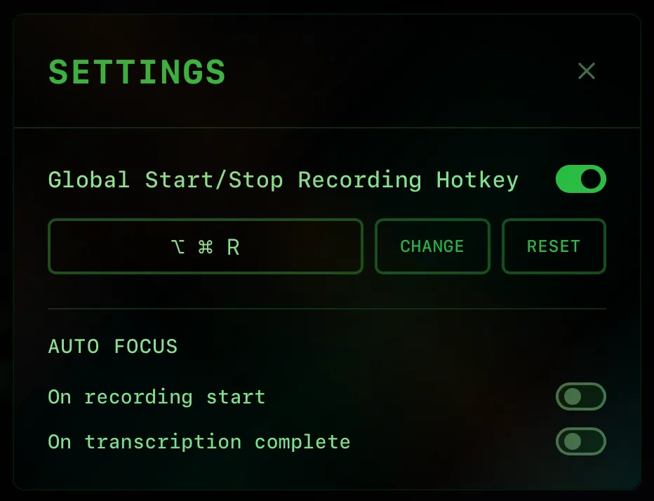 Settings modal with all options